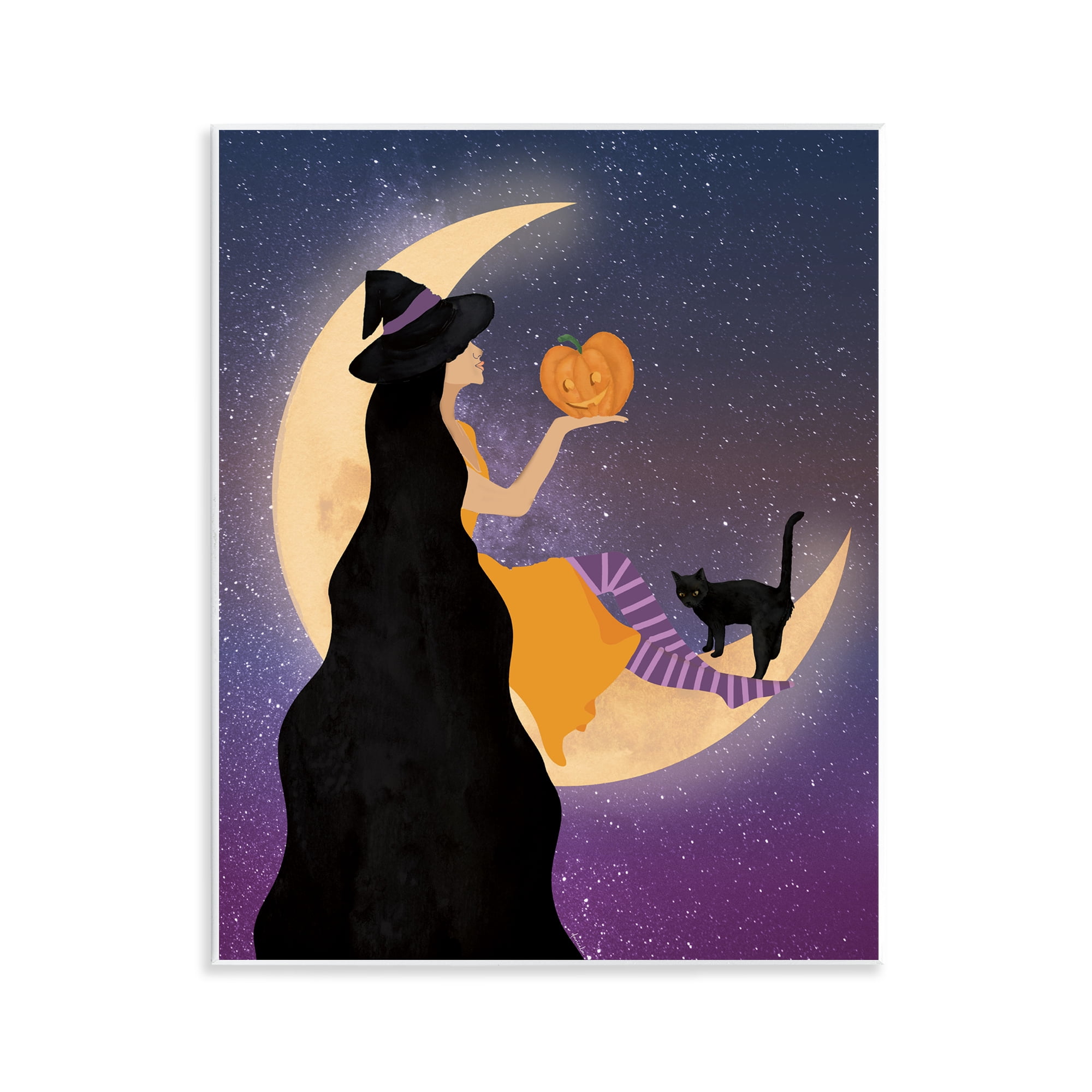 Stupell Industries Moonlit Witch Holding Jack-o-Lantern Wall Plaque Art, design by Daniela Santiago