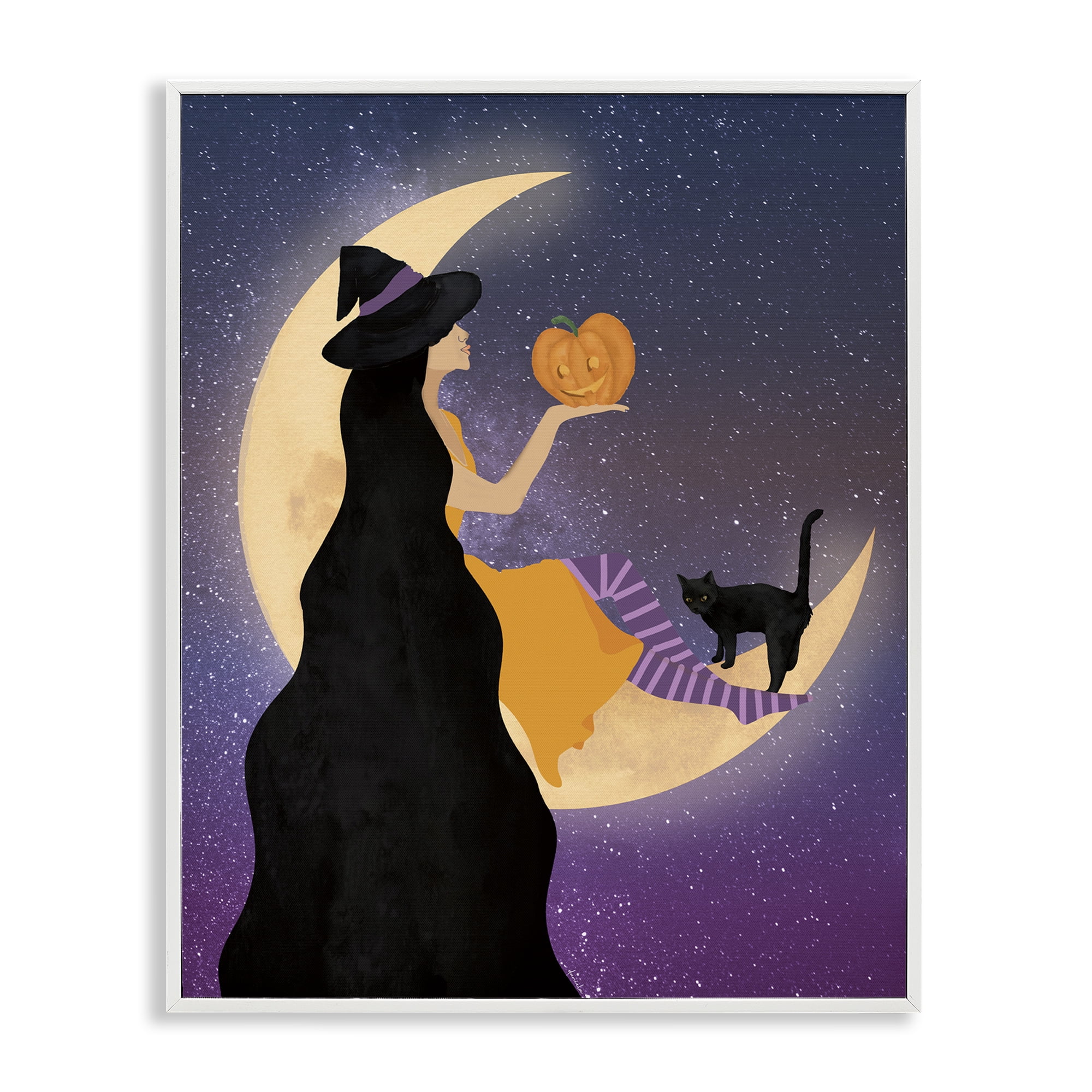 Stupell Industries Moonlit Witch Holding Jack-o-Lantern White Framed Giclee Art, design by Daniela Santiago