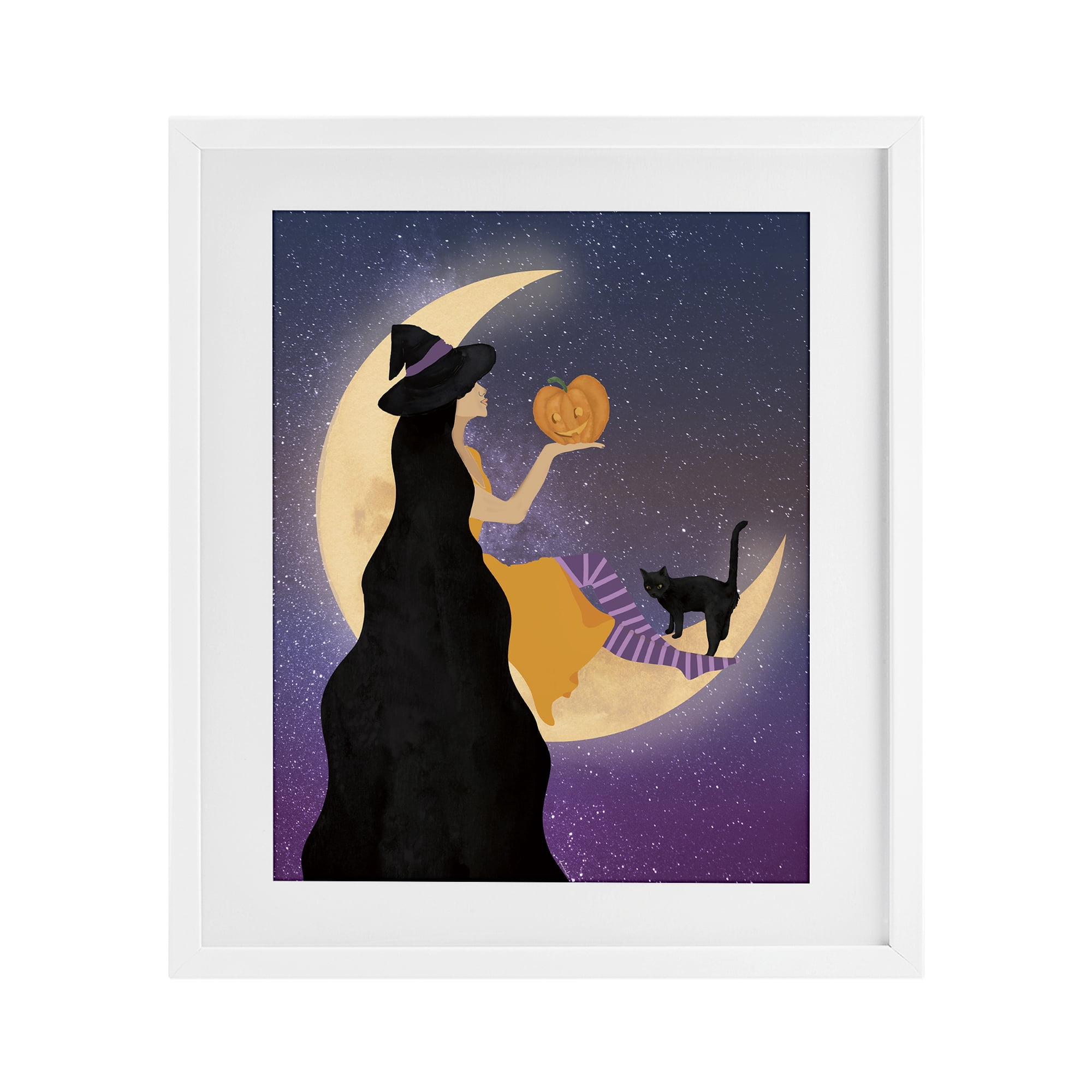 Stupell Industries Moonlit Witch Holding Jack-o-Lantern White Framed Print Under Glass, design by Daniela Santiago