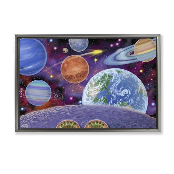 Stupell Industries Moonwalker With View Of Planets Outer Space Painting Gray Floater Framed Canvas Art Print Wall Art, 25 x 17