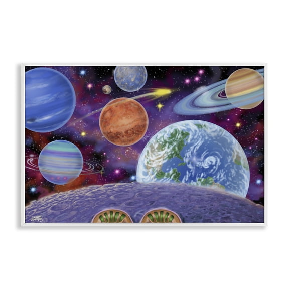 Stupell Industries Moonwalker With View Of Planets Outer Space Painting White Framed Art Print Wall Art, 18 x 12