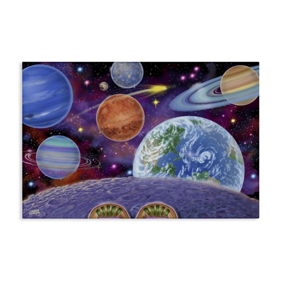 Stupell Industries Moonwalker With View Of Planets Outer Space Painting Wrapped Canvas Canvas Art Print Wall Art, 36 x 24