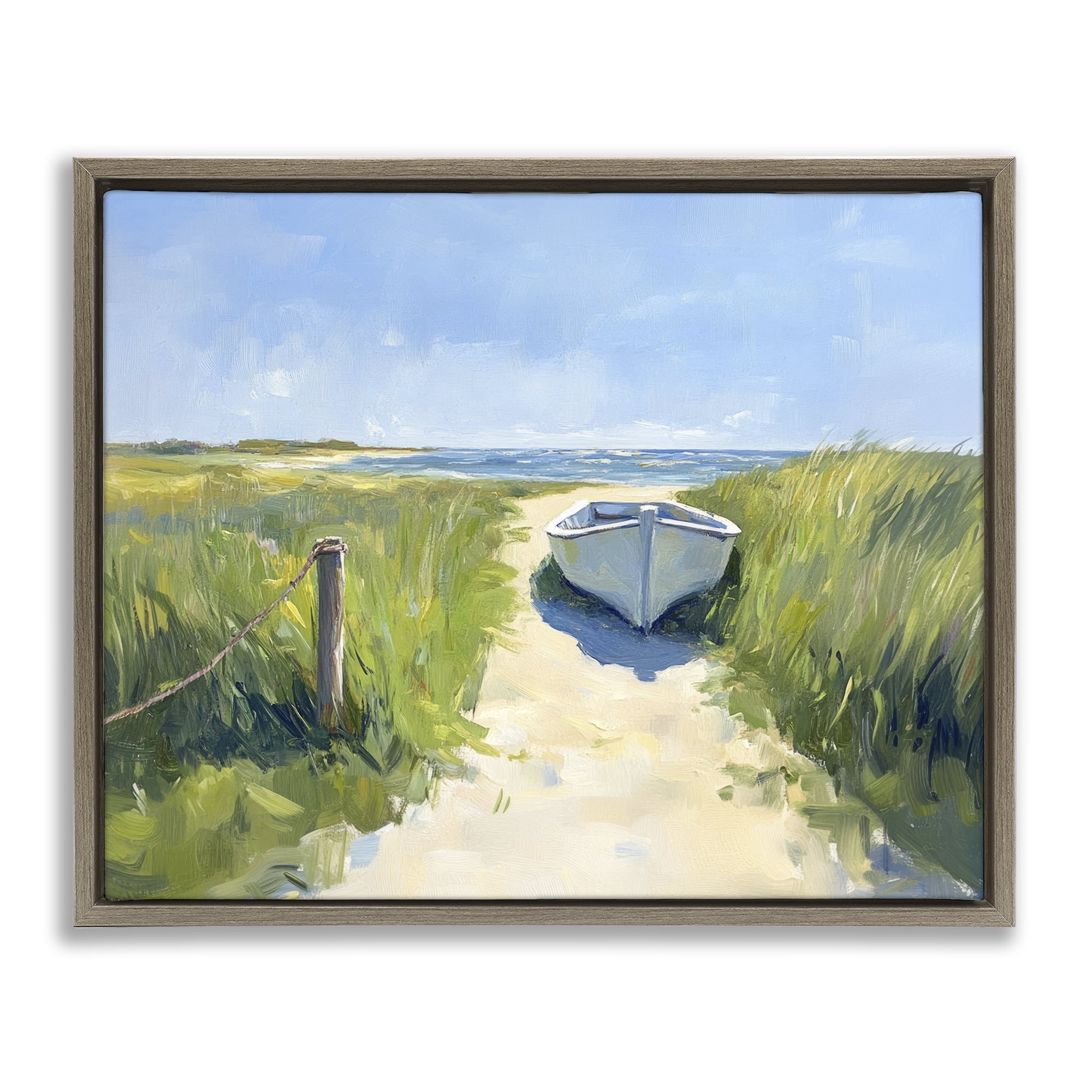 Stupell Industries Moored Boat on Path Brown Framed Floater Canvas Wall Art, design by Sisi and Seb