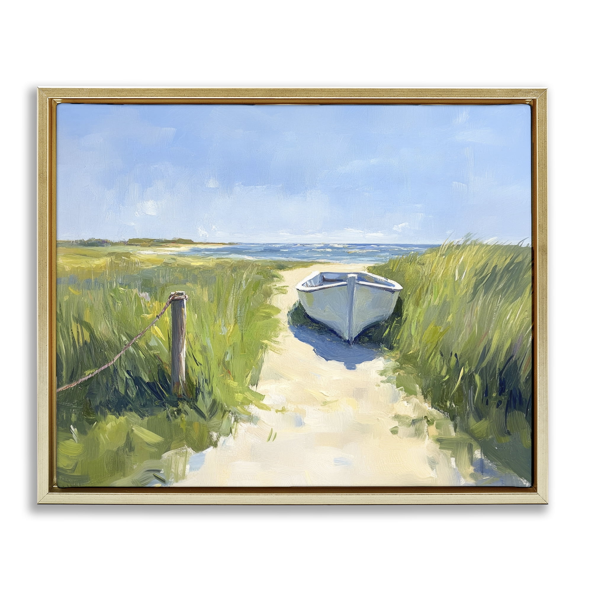 Stupell Industries Moored Boat on Path Gold Framed Floater Canvas Wall Art, design by Sisi and Seb
