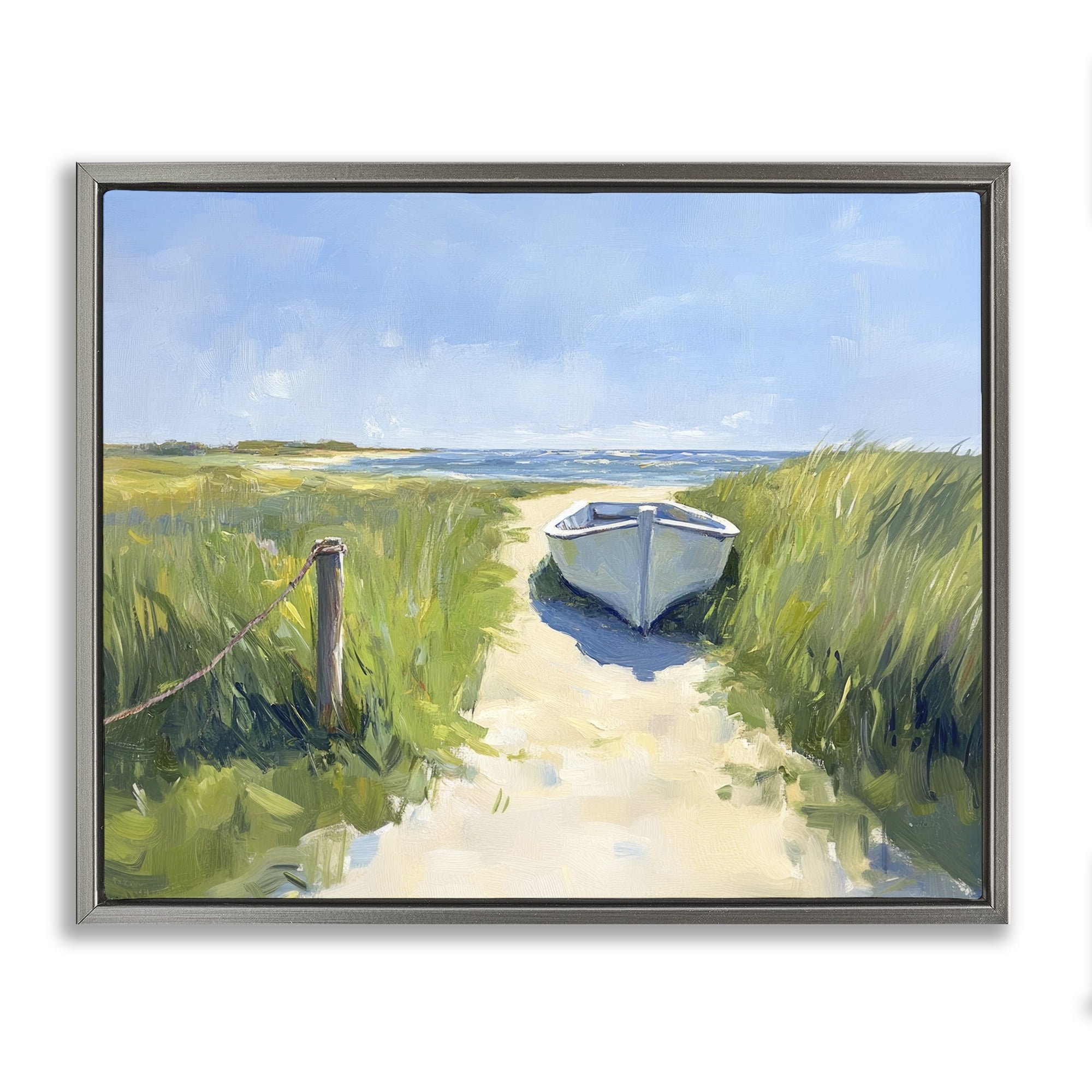 Stupell Industries Moored Boat on Path Gray Framed Floater Canvas Wall Art, design by Sisi and Seb