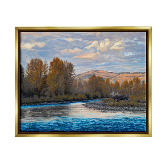 Stupell Industries Moose By Lake Mountain Landscape Coastal Painting Gold Floater Framed Art Print Wall Art