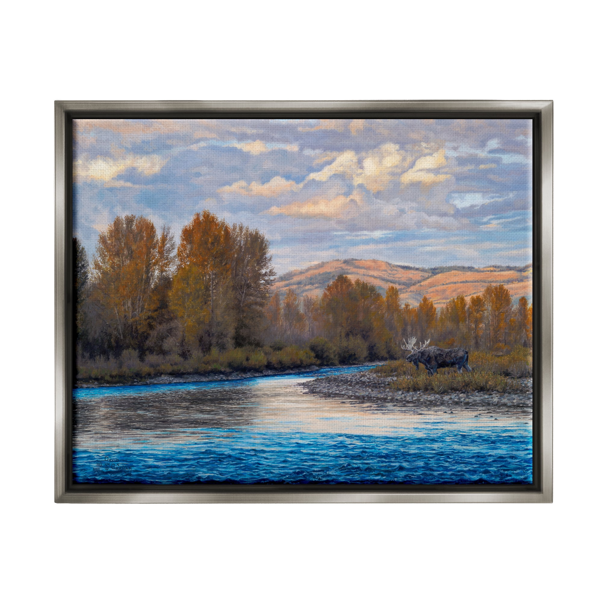 Stupell Industries Moose By Lake Mountain Landscape Coastal Painting Gray Floater Framed Art Print Wall Art
