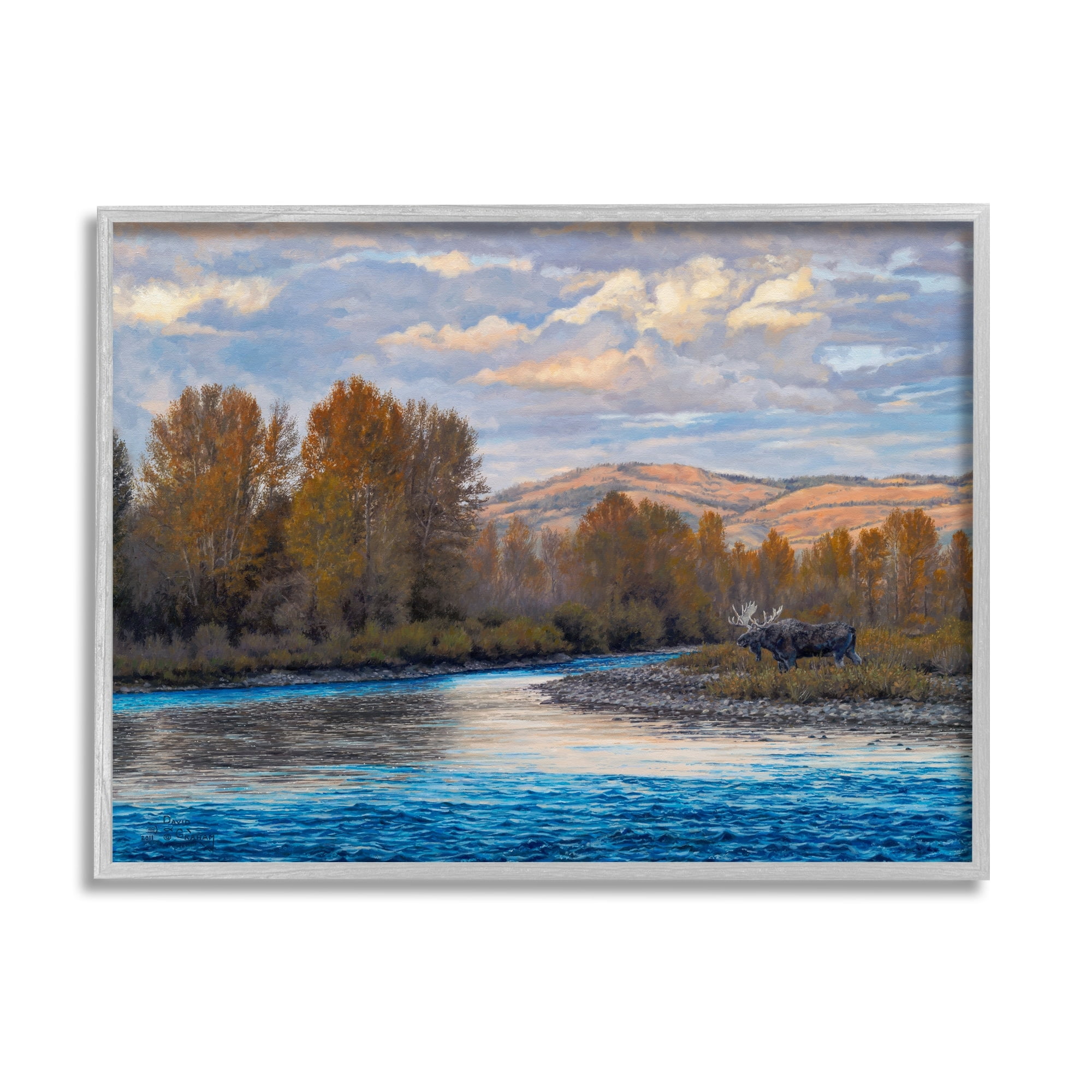 Stupell Industries Moose By Lake Mountain Landscape Coastal Painting Gray Framed Art Print Wall Art
