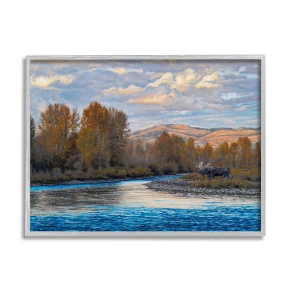 Stupell Industries Moose By Lake Mountain Landscape Coastal Painting Gray Framed Art Print Wall Art