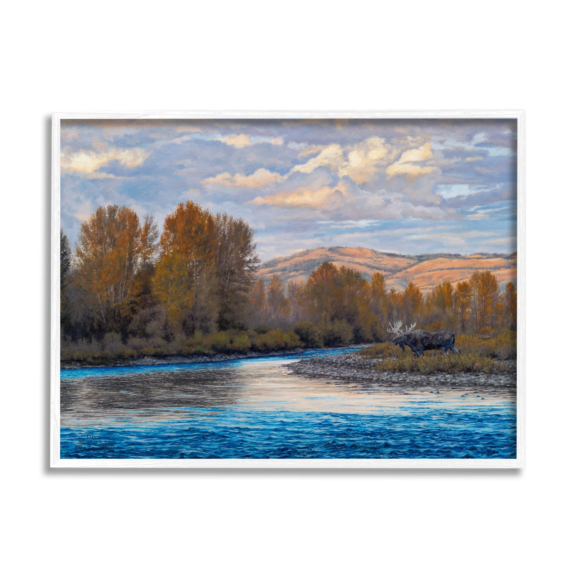 Stupell Industries Moose By Lake Mountain Landscape Coastal Painting White Framed Art Print Wall Art