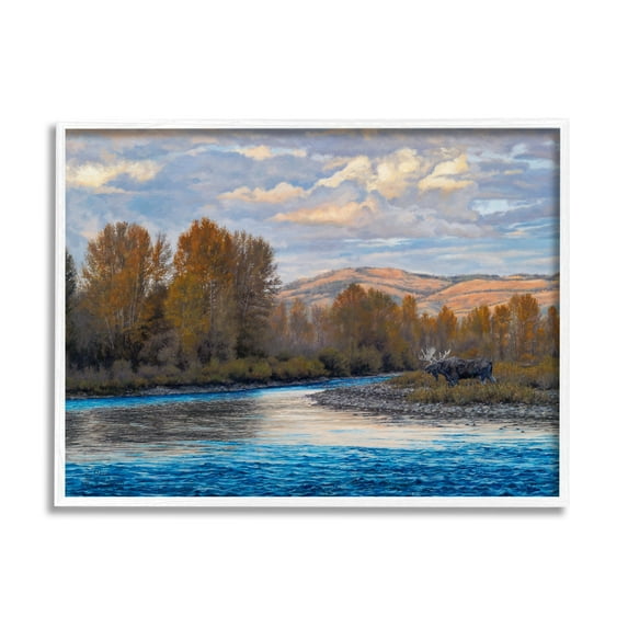 Stupell Industries Moose By Lake Mountain Landscape Coastal Painting White Framed Art Print Wall Art