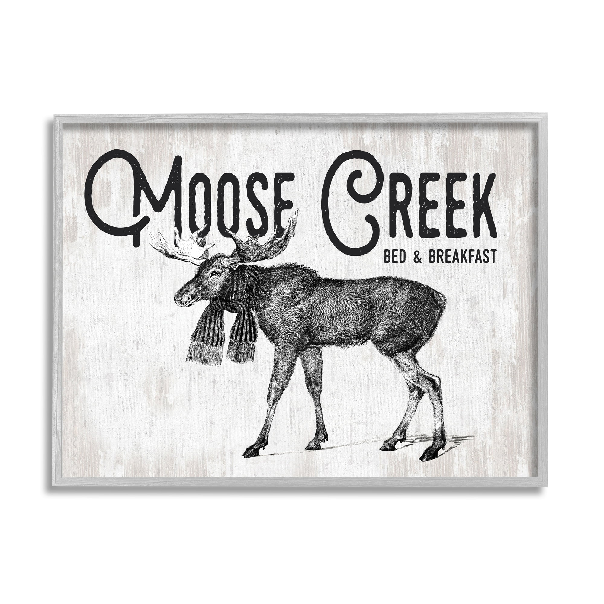 Stupell Industries Moose Creek Bed & Breakfast Rustic Wearing Scarf Graphic Art Gray Framed Art Print Wall Art, Design by Lettered and Lined