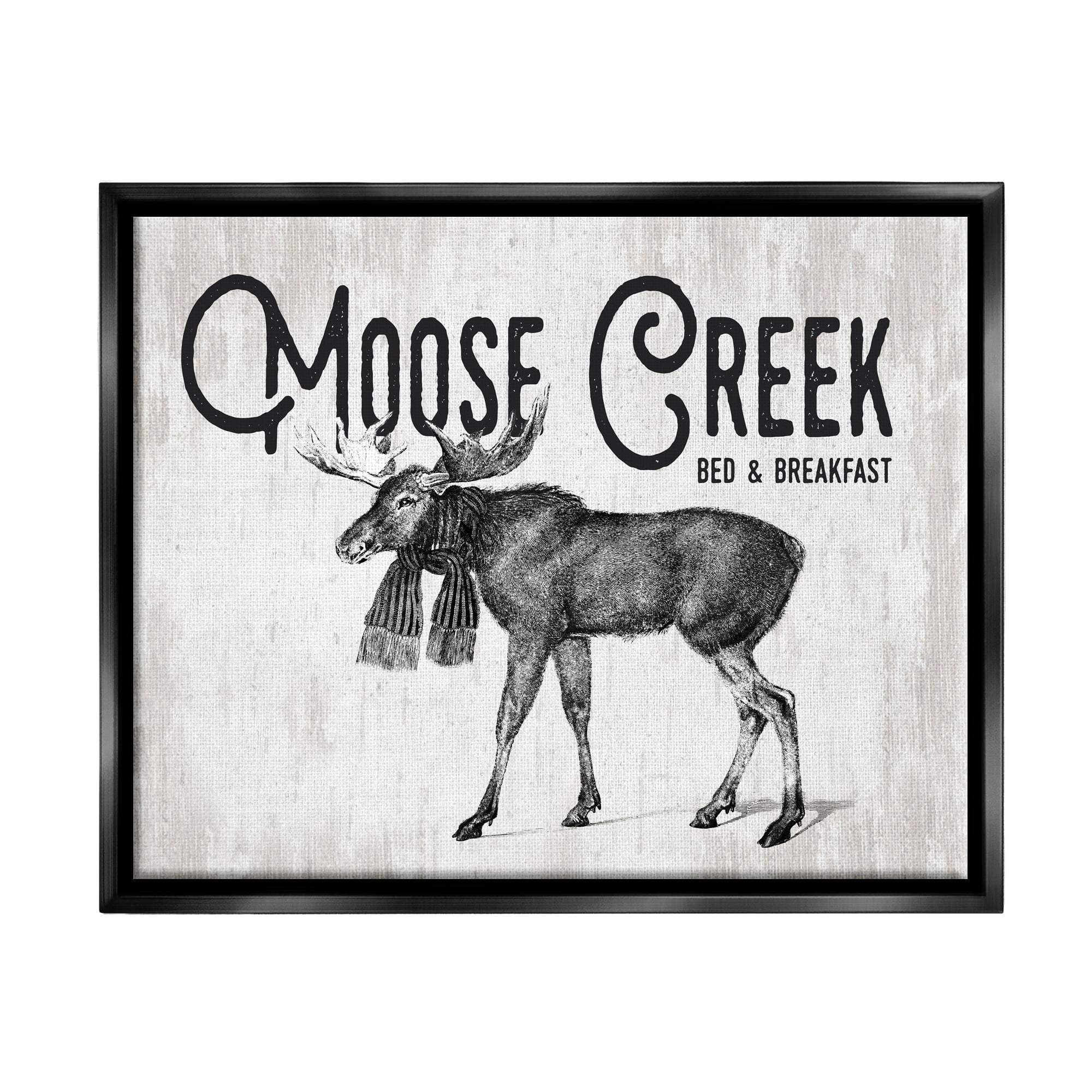 Stupell Industries Moose Creek Bed & Breakfast Rustic Wearing Scarf Graphic Art Jet Black Floating Framed Canvas Print Wall Art, Design by Lettered and Lined