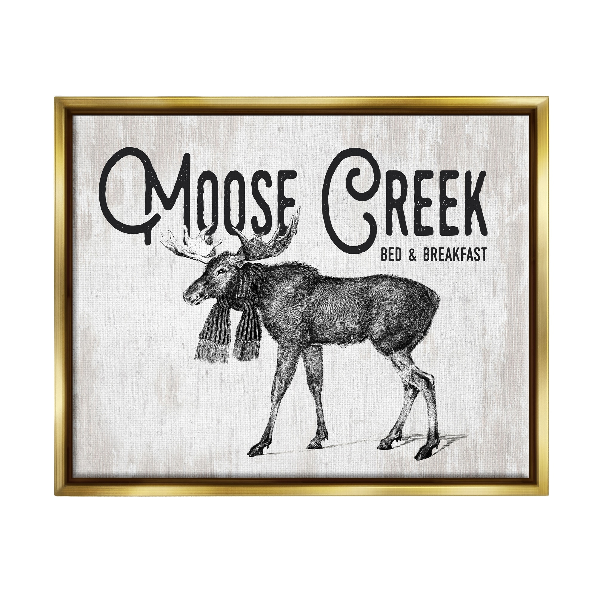 Stupell Industries Moose Creek Bed & Breakfast Rustic Wearing Scarf Graphic Art Metallic Gold Floating Framed Canvas Print Wall Art, Design by Lettered and Lined