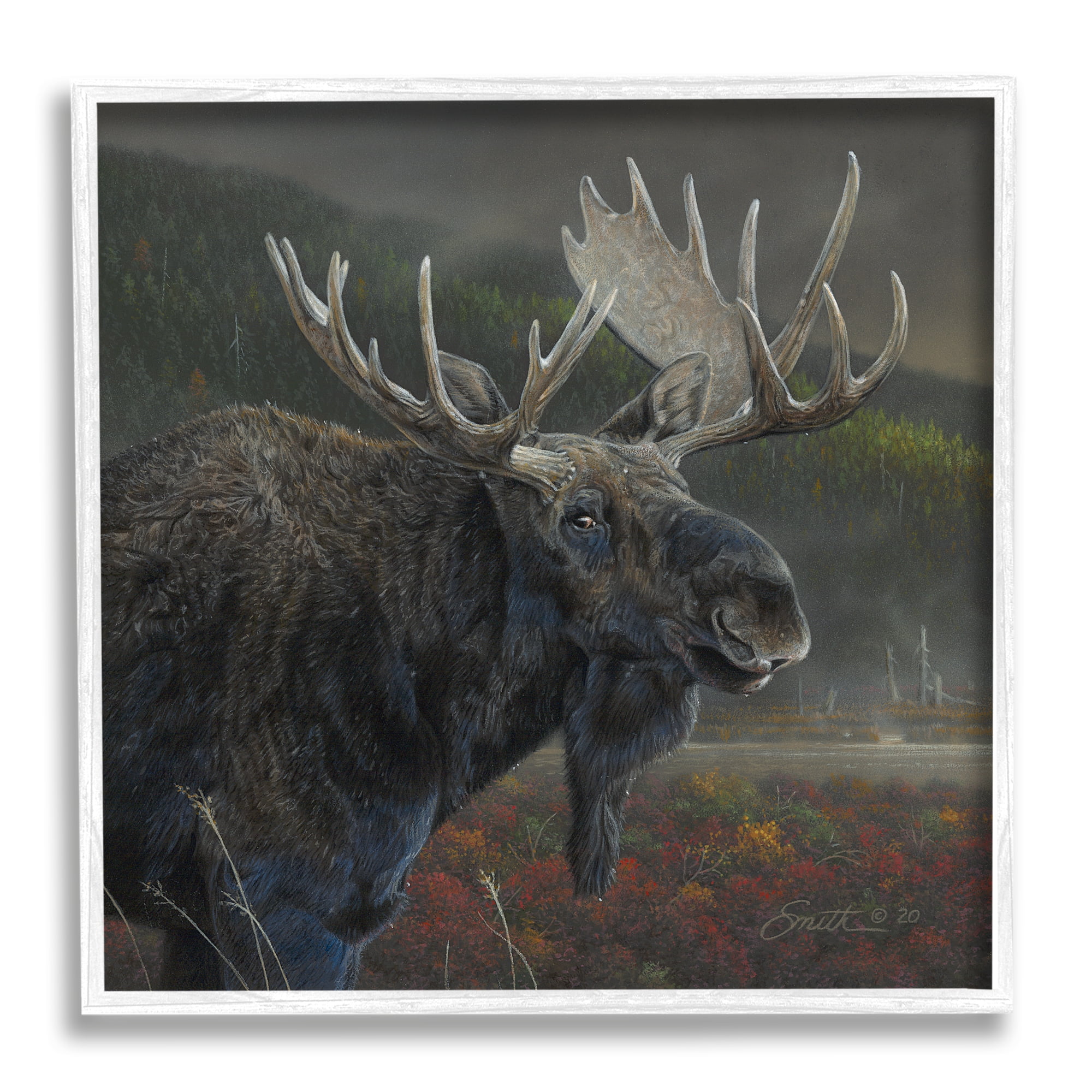 Stupell Industries Moose Dark Forest Landscape Animals & Insects Painting White Framed Art Print Wall Art