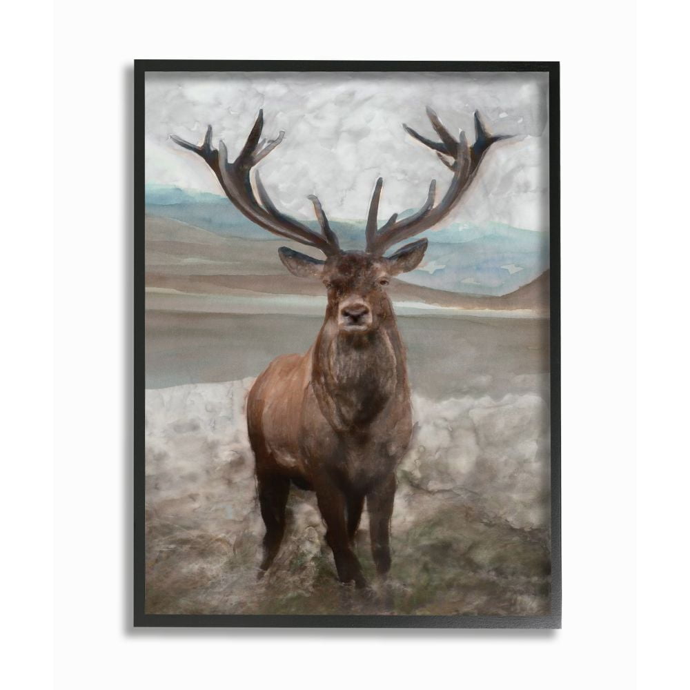 Stupell Industries Moose Encounter Landscape Animal Watercolor Painting Black Framed Art Print Wall Art, 11x14, by Stellar Design Studio
