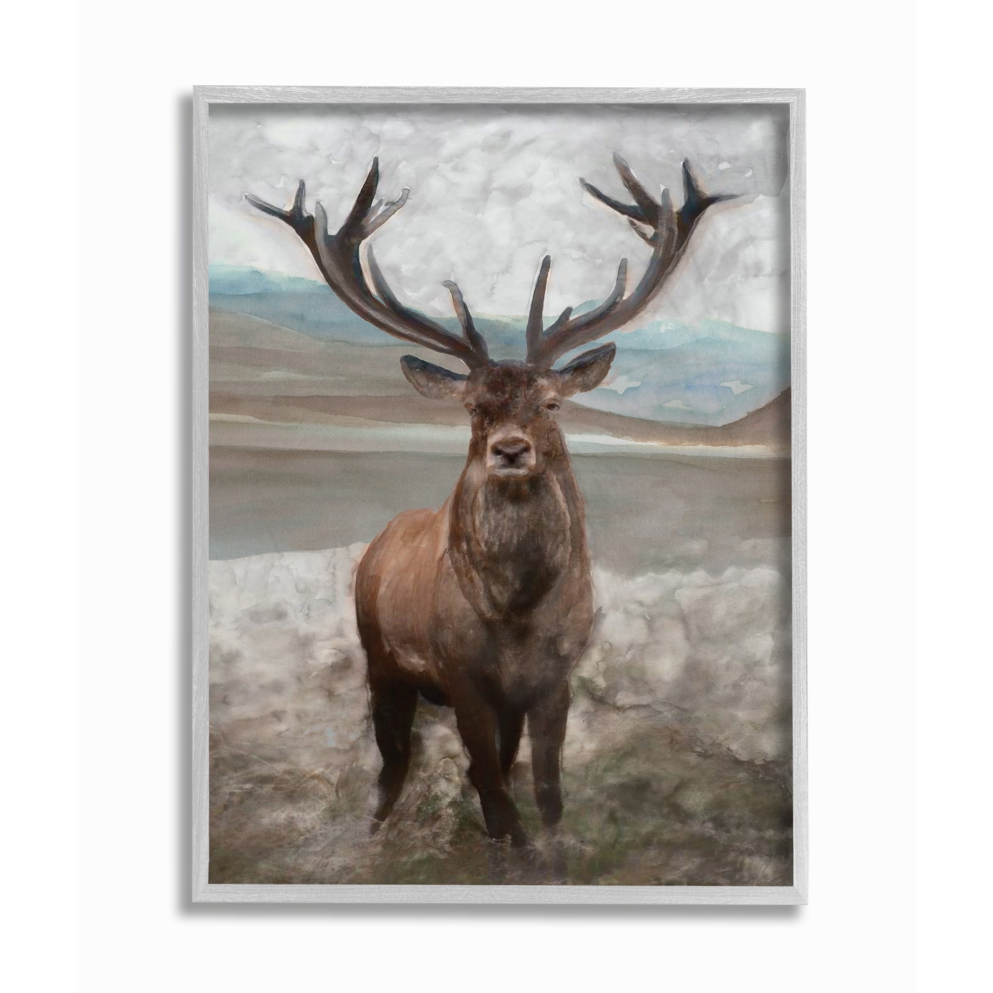 Stupell Industries Moose Encounter Landscape Animal Watercolor Painting Gray Framed Art Print Wall Art, 16x20, by Stellar Design Studio