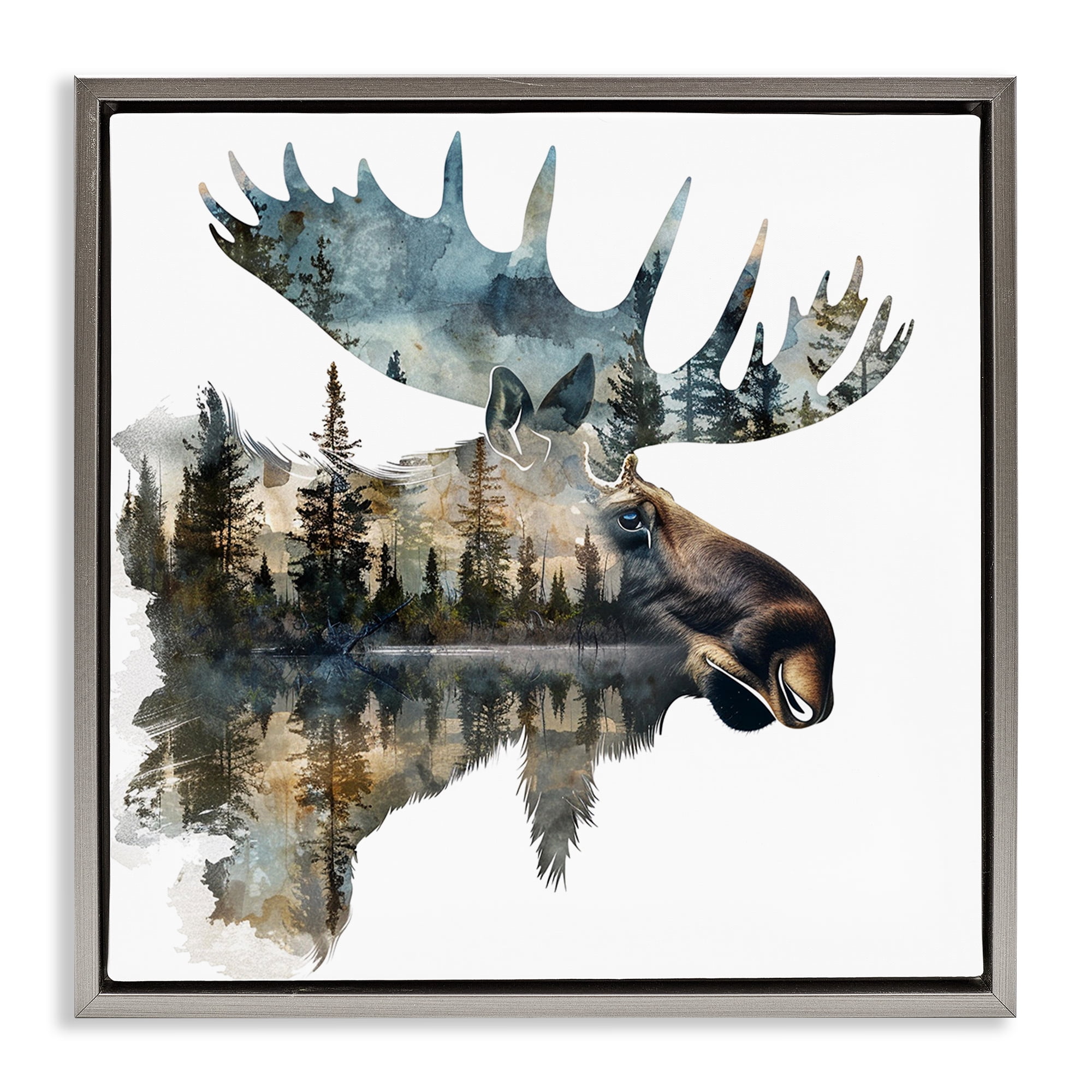Stupell Industries Moose Head Silhouette Animals Painting Gray Floater Framed Canvas Art Print Wall Art, 18 x 18