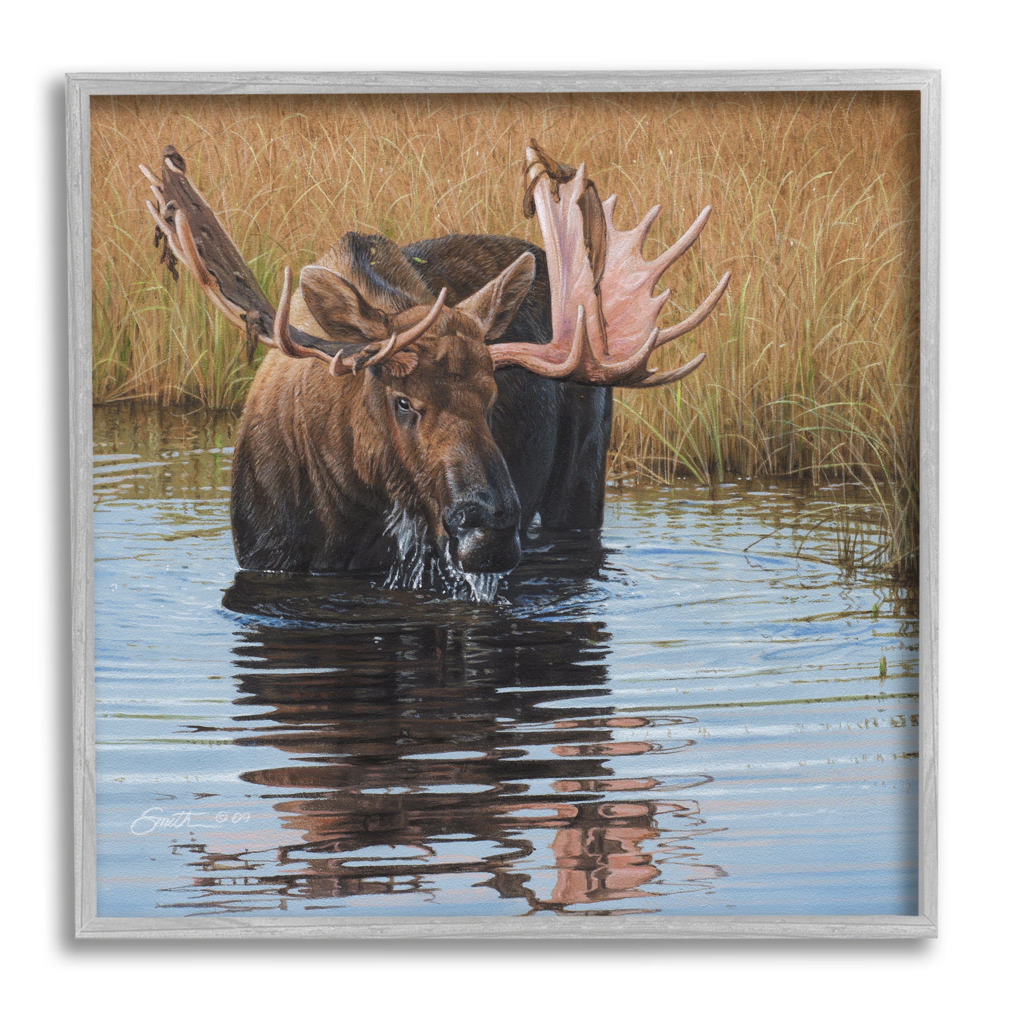 Stupell Industries Moose In Water Wildlife Scene Animals & Insects Painting Gray Framed Art Print Wall Art