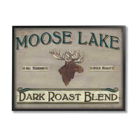 Stupell Industries Moose Lake Dark Roast Coffee Blend Sign Vintage Animal Food & Beverage Painting Black Framed Art Print Wall Art, 11 x 14