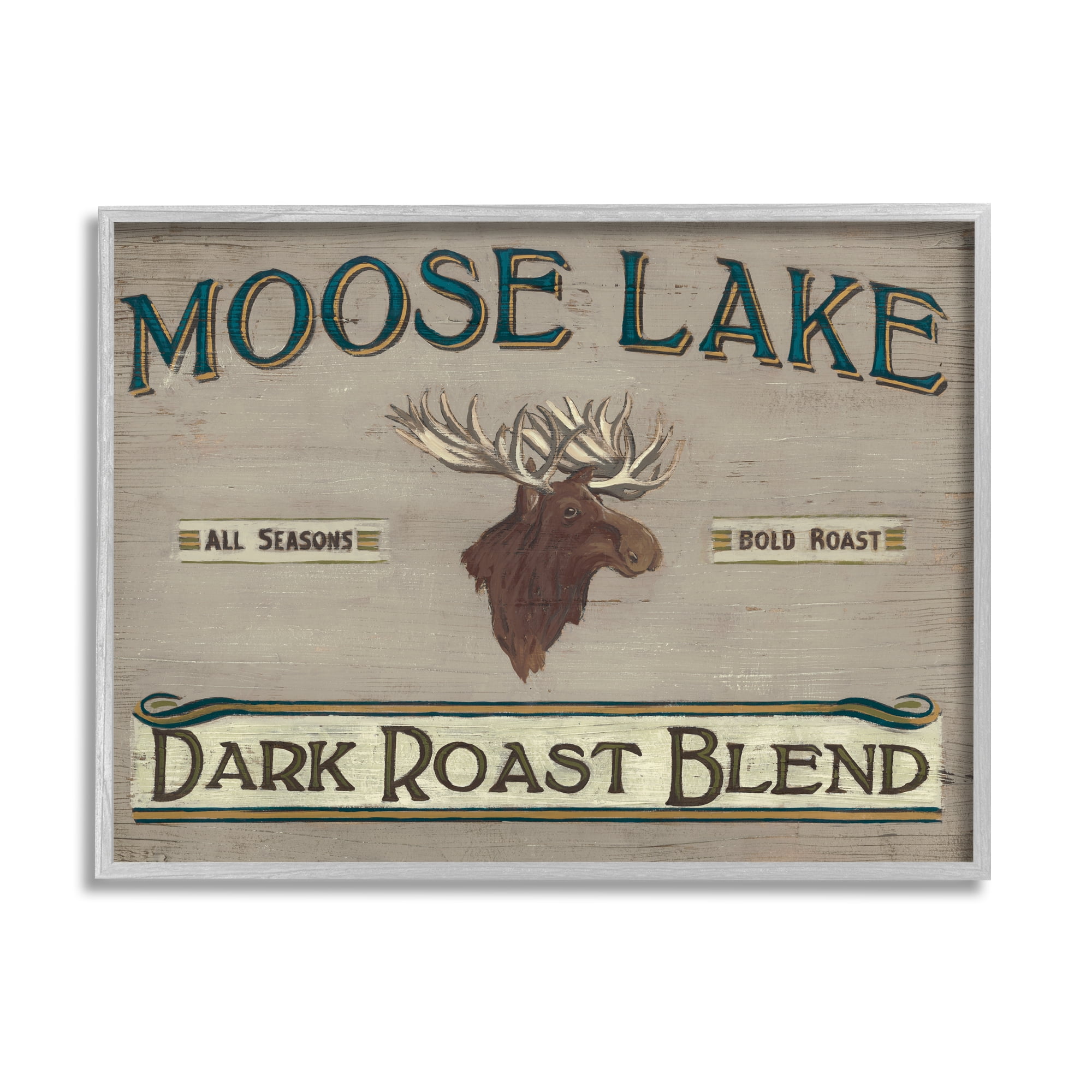 Stupell Industries Moose Lake Dark Roast Coffee Blend Sign Vintage Animal Food & Beverage Painting Gray Framed Art Print Wall Art, 16 x 20