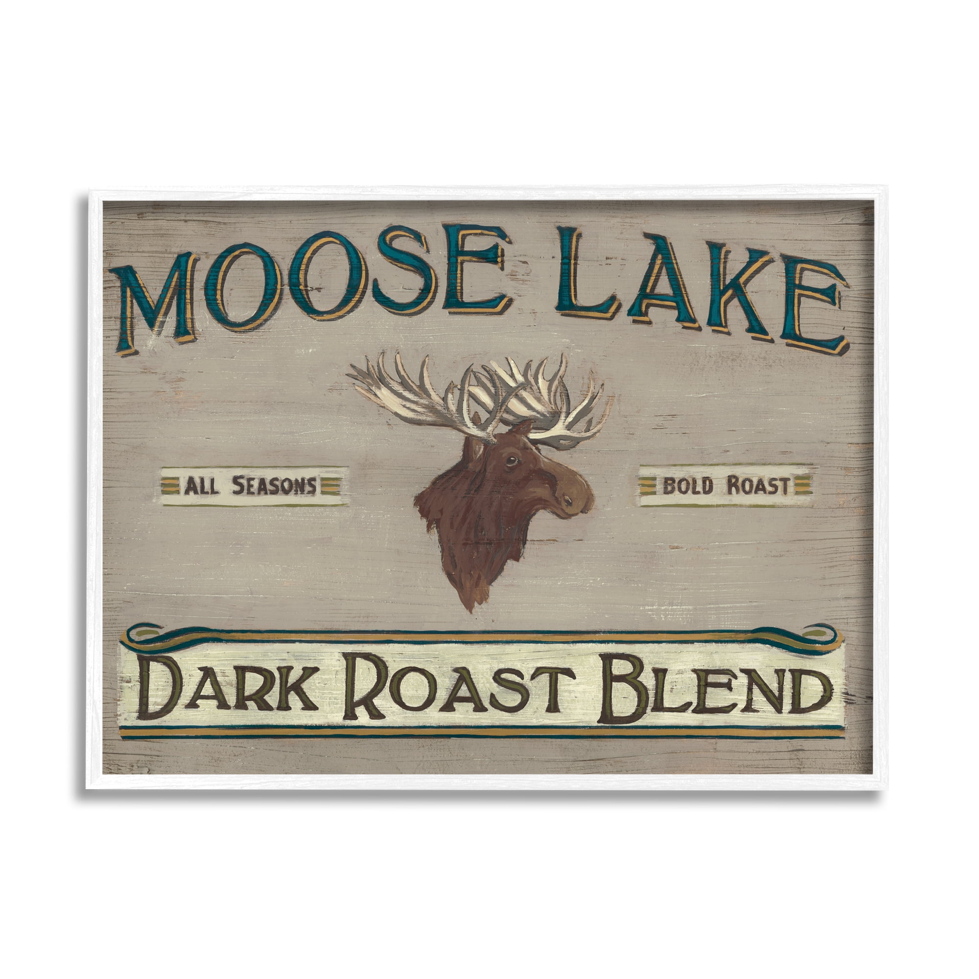 Stupell Industries Moose Lake Dark Roast Coffee Blend Sign Vintage Animal Food & Beverage Painting White Framed Art Print Wall Art, 16 x 20