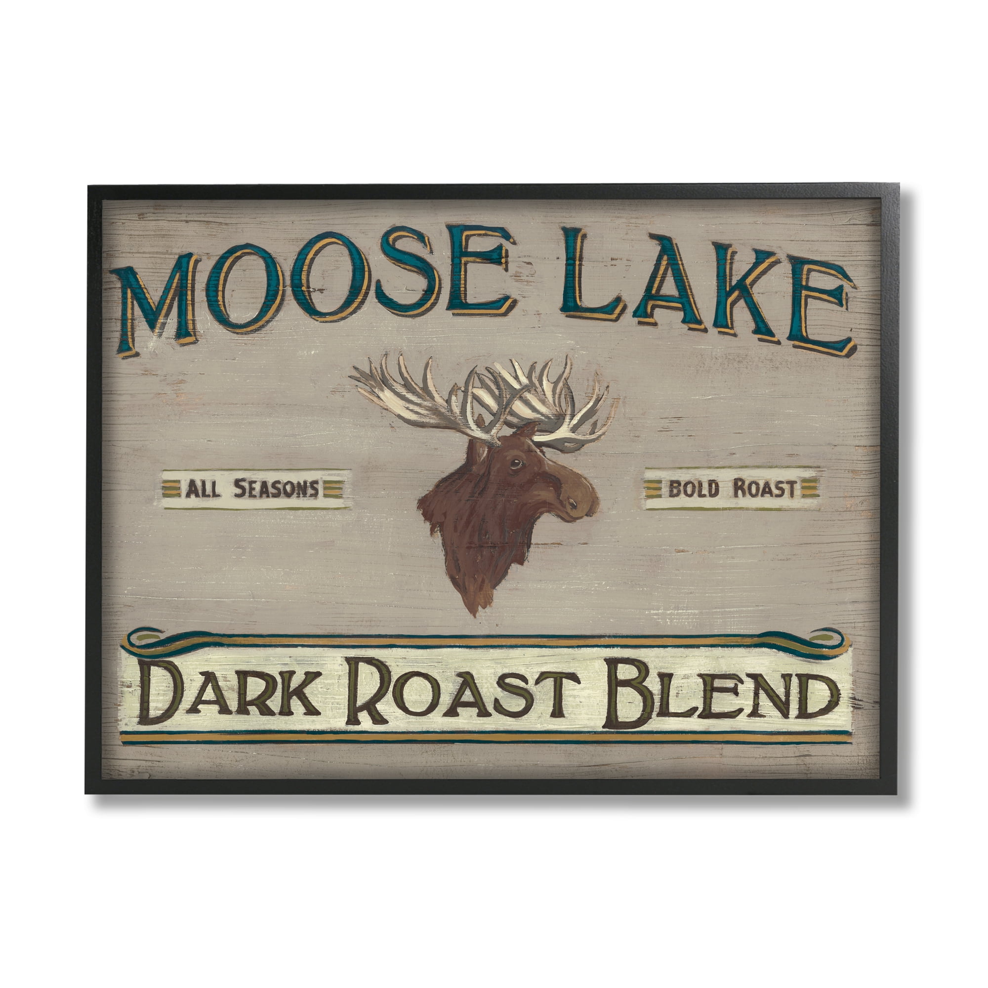 Stupell Industries Moose Lake Dark Roast Coffee Blend Sign Vintage Animal Modern Painting Black framed Art Print Wall Art, 16 x 20, Design by June Erica Vess