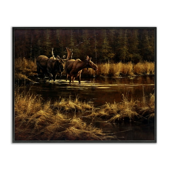 Stupell Industries Moose Pair at Stream Landscape & Nature Painting Black Framed Art Print Wall Art, 20 x 16