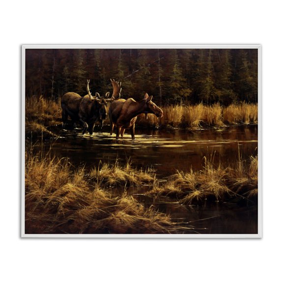 Stupell Industries Moose Pair at Stream Landscape & Nature Painting White Framed Art Print Wall Art, 30 x 24