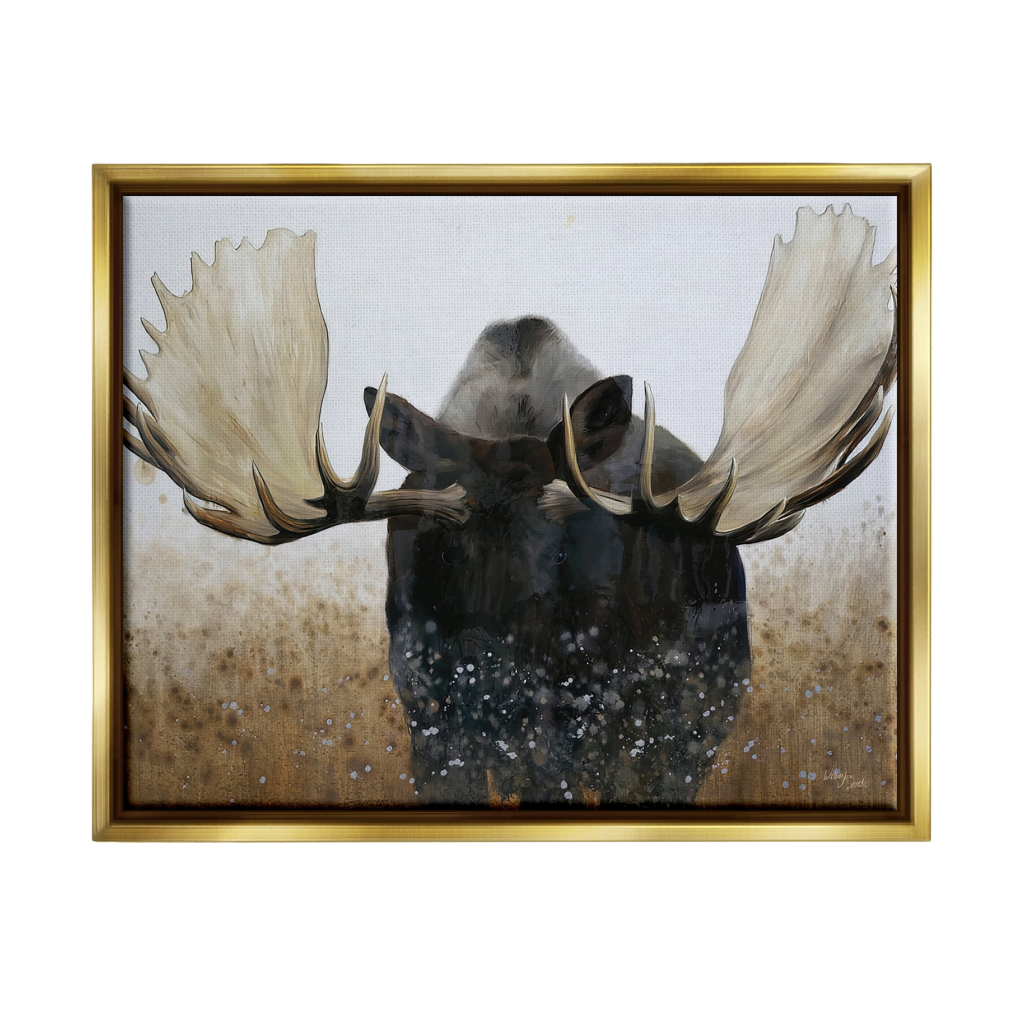 Stupell Industries Moose Portrait Modern Splash Animals & Insects Painting Gold Floater Framed Art Print Wall Art, 21 x 17
