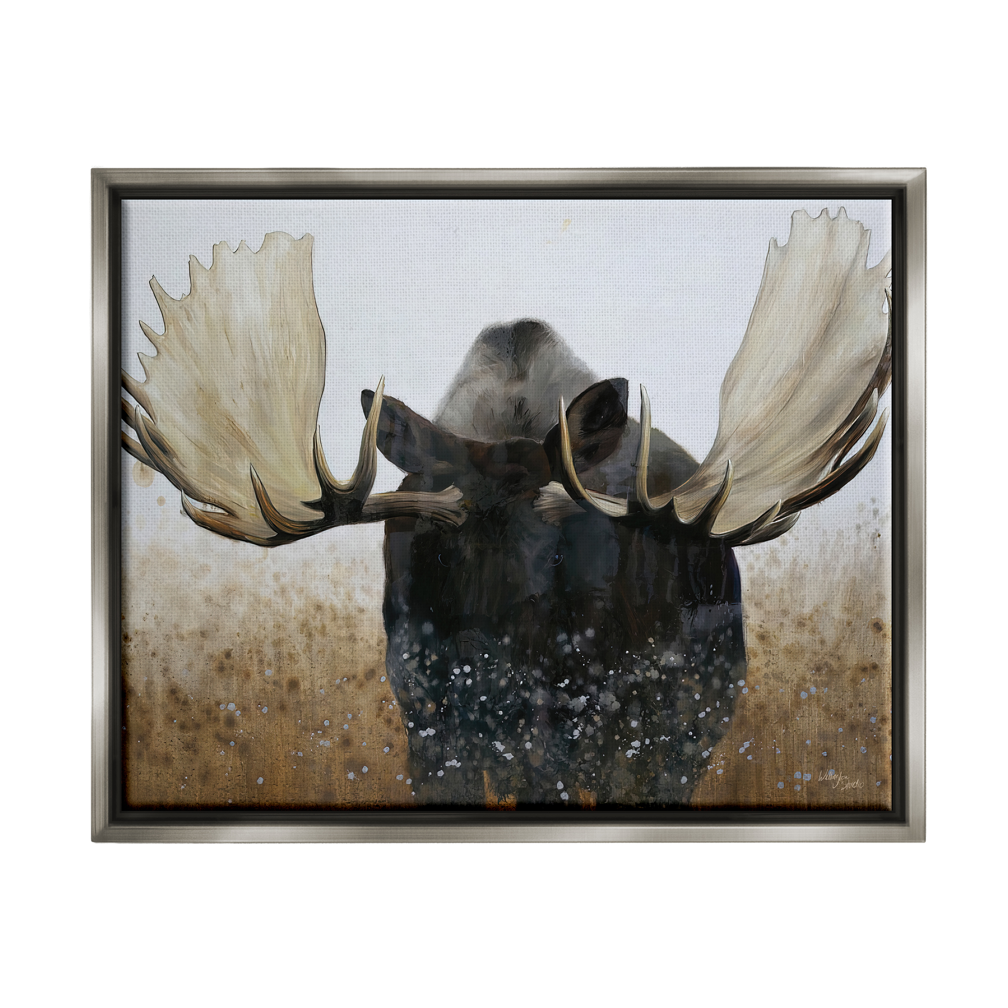 Stupell Industries Moose Portrait Modern Splash Animals & Insects Painting Gray Floater Framed Art Print Wall Art, 21 x 17