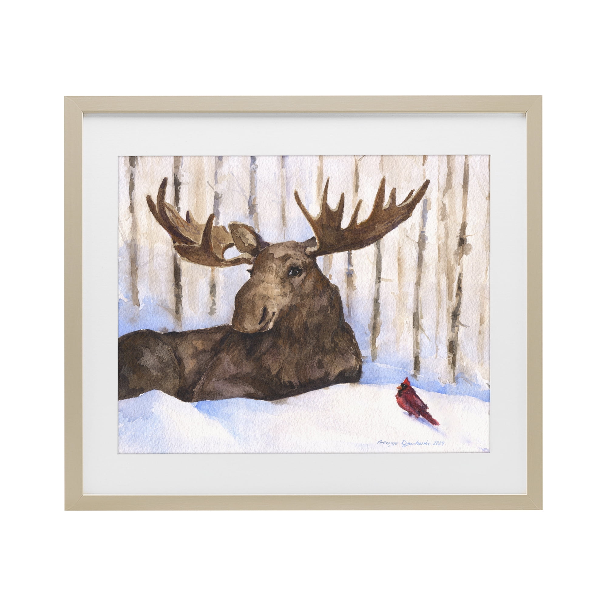 Stupell Industries Moose & Red Cardinal Birch Framed Print Under Glass, design by George Dyachenko