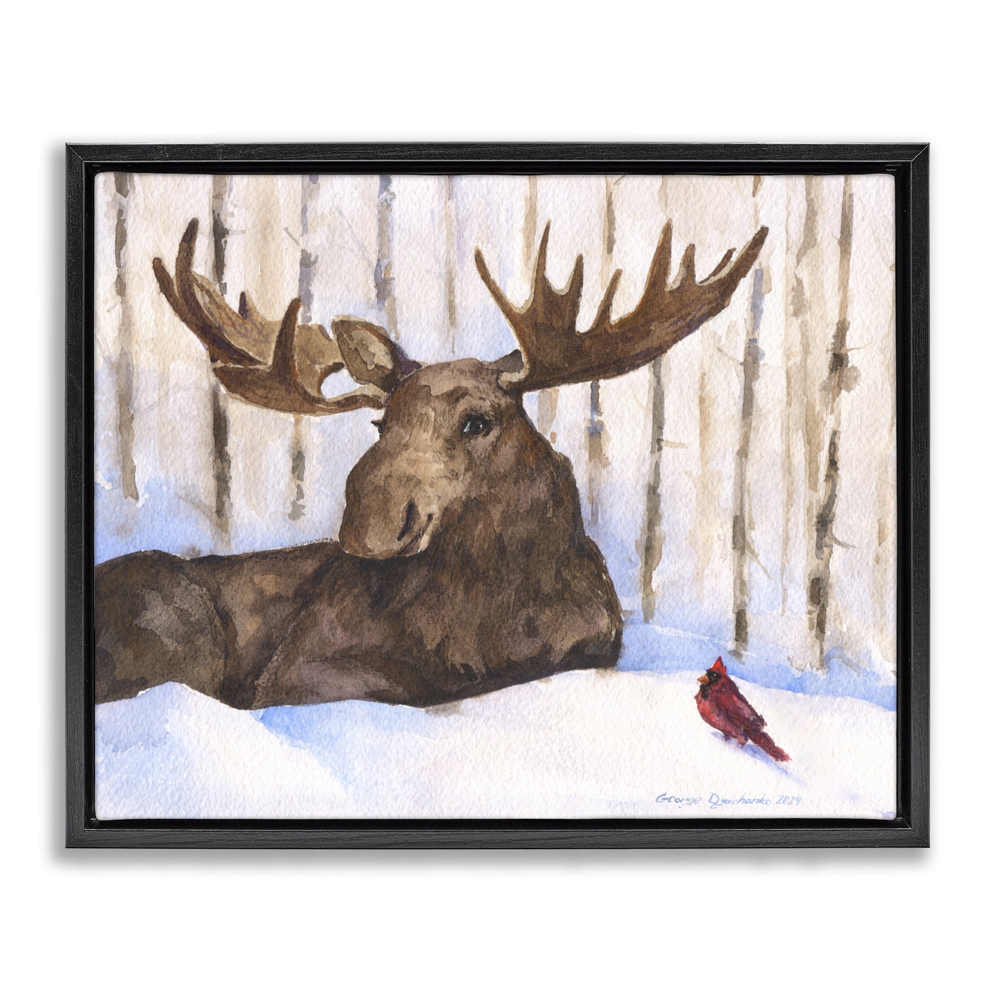 Stupell Industries Moose & Red Cardinal Black Framed Floater Canvas Wall Art, design by George Dyachenko