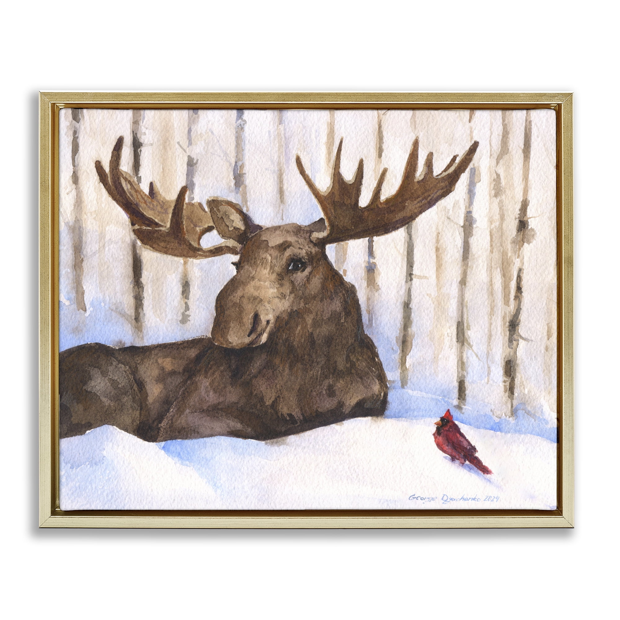 Stupell Industries Moose & Red Cardinal Gold Framed Floater Canvas Wall Art, design by George Dyachenko