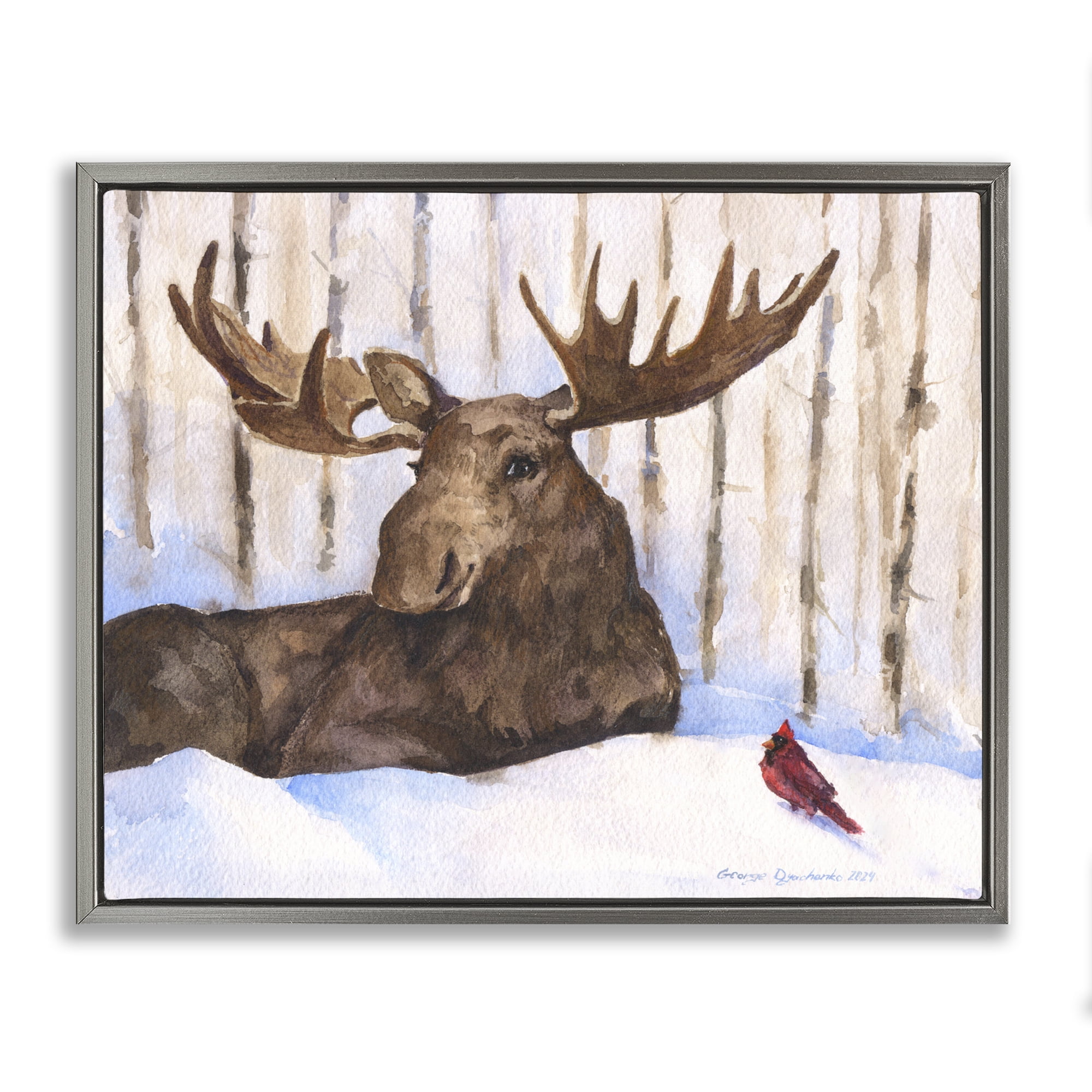 Stupell Industries Moose & Red Cardinal Gray Framed Floater Canvas Wall Art, design by George Dyachenko