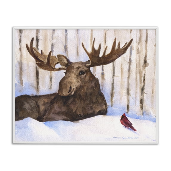 Stupell Industries Farmhouse Moose & Red Cardinal White Framed Giclee Art, 30 x 24, by George Dyachenko