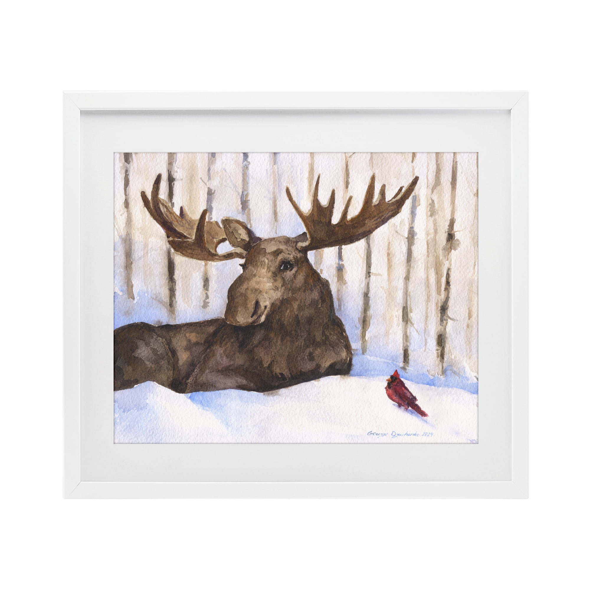 Stupell Industries Moose & Red Cardinal White Framed Print Under Glass, design by George Dyachenko