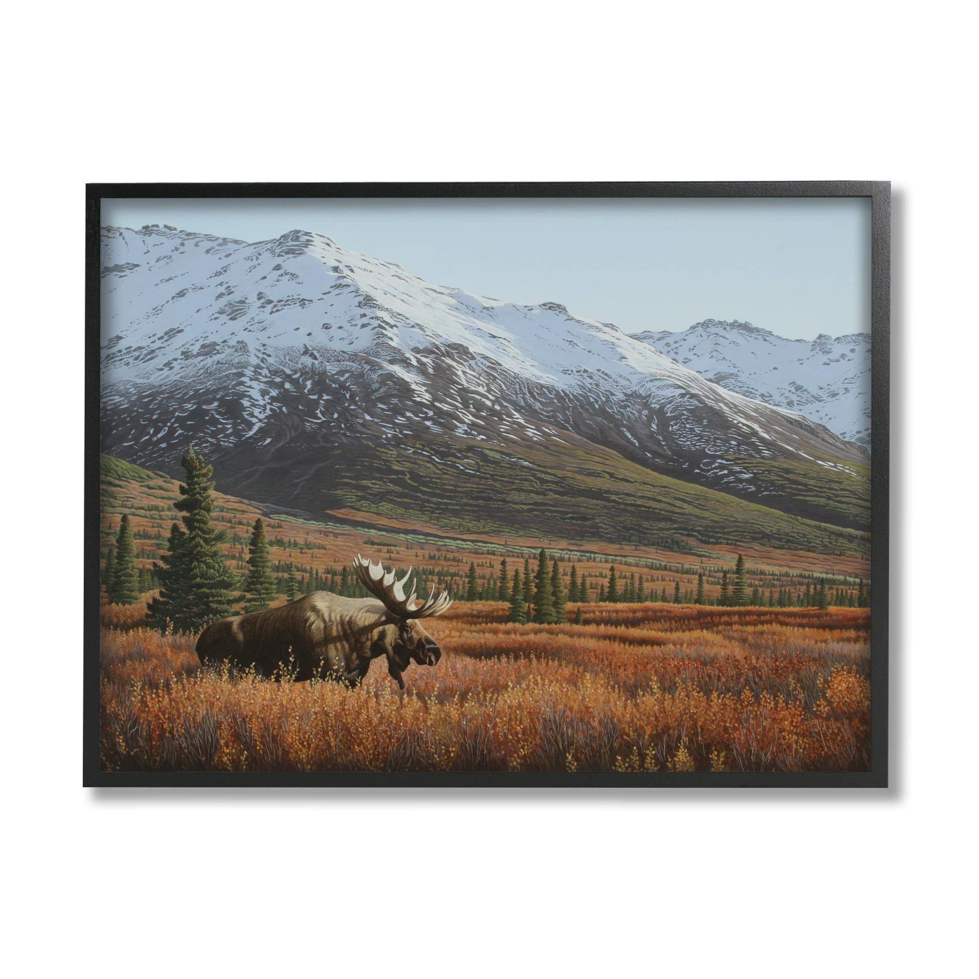 Stupell Industries Moose Rural Mountain Landscape Nature Painting Black Framed Art Print Wall Art, 14 x 11