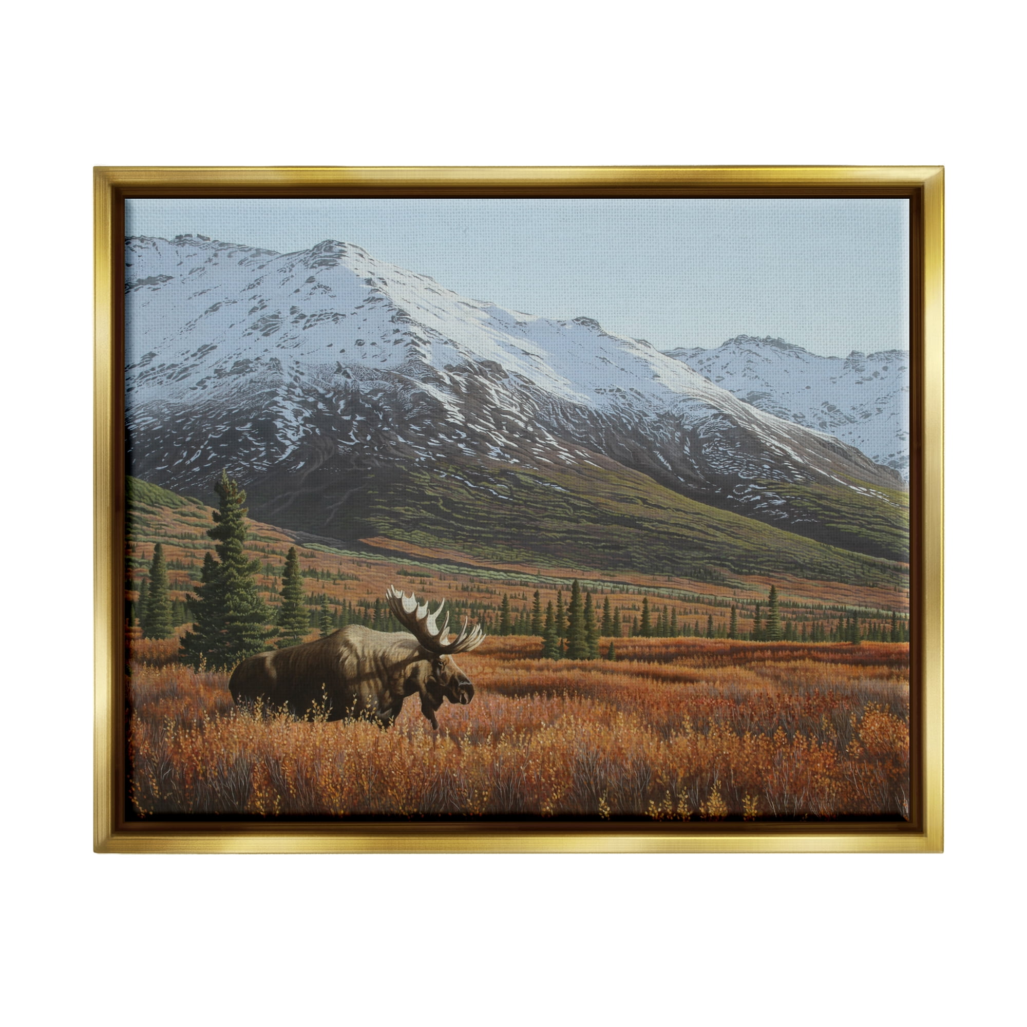 Stupell Industries Moose Rural Mountain Landscape Nature Painting Gold Floater Framed Art Print Wall Art, 31 x 25