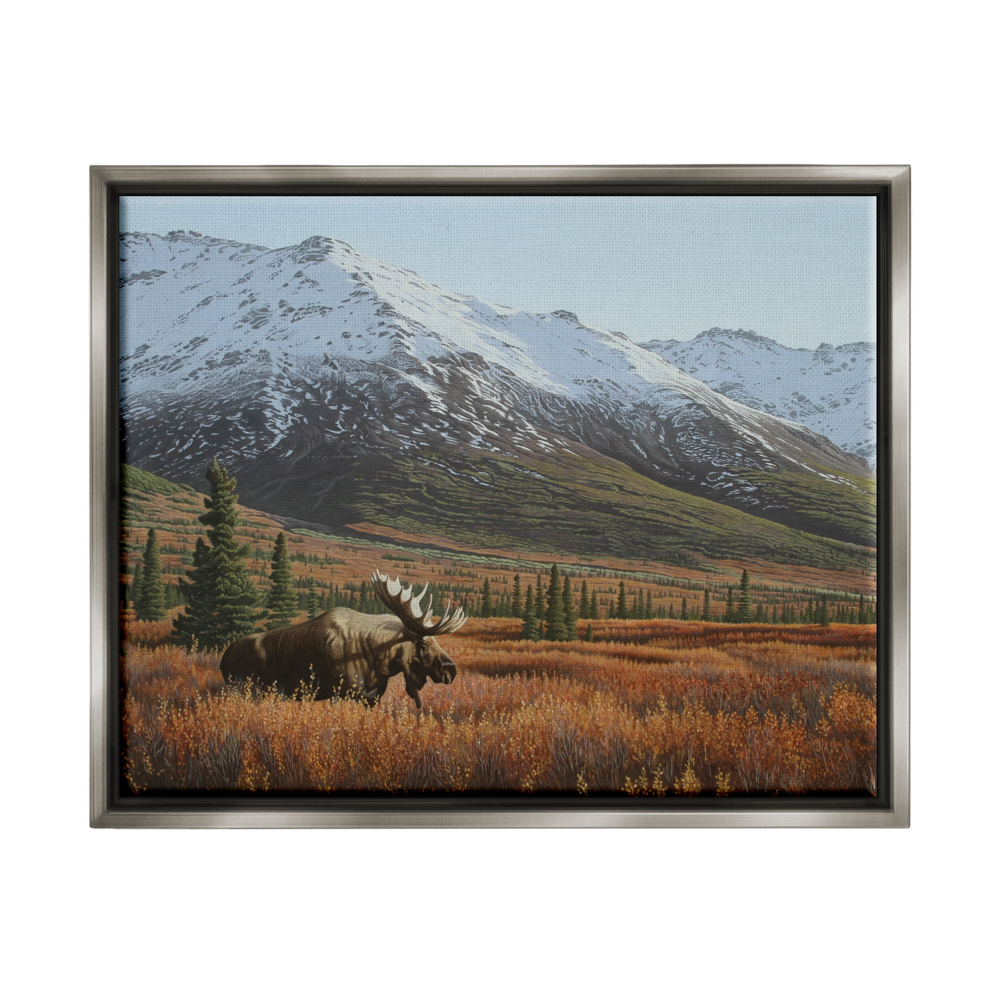 Stupell Industries Moose Rural Mountain Landscape Nature Painting Gray Floater Framed Art Print Wall Art, 31 x 25