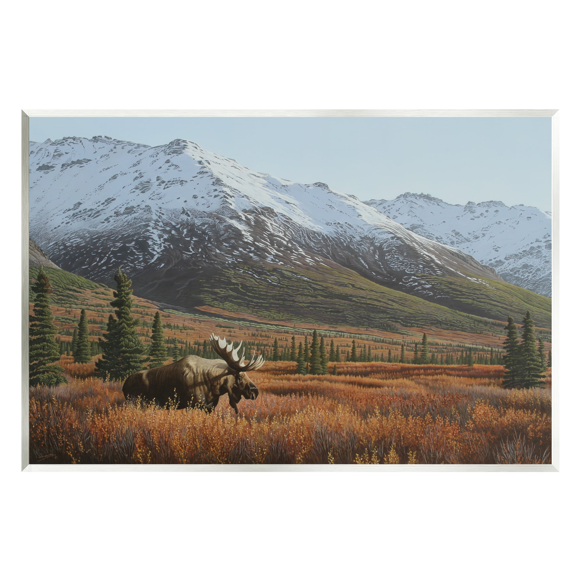 Stupell Industries Moose Rural Mountain Landscape Nature Painting Unframed Art Print Wall Art, 19 x 13