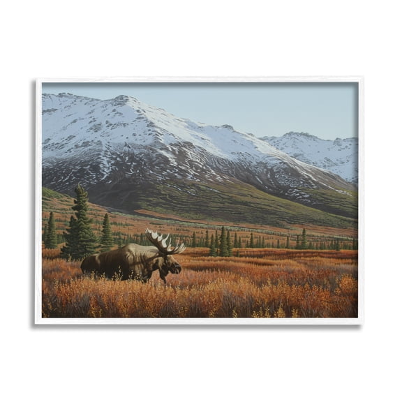 Stupell Industries Moose Rural Mountain Landscape Nature Painting White Framed Art Print Wall Art, 14 x 11