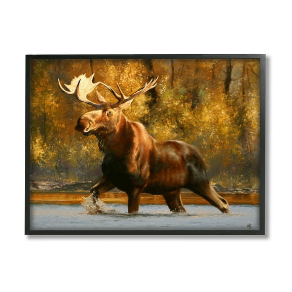 Stupell Industries Moose Stepping River Foliage Animals & Insects Photography Black Framed Art Print Wall Art, 14 x 11