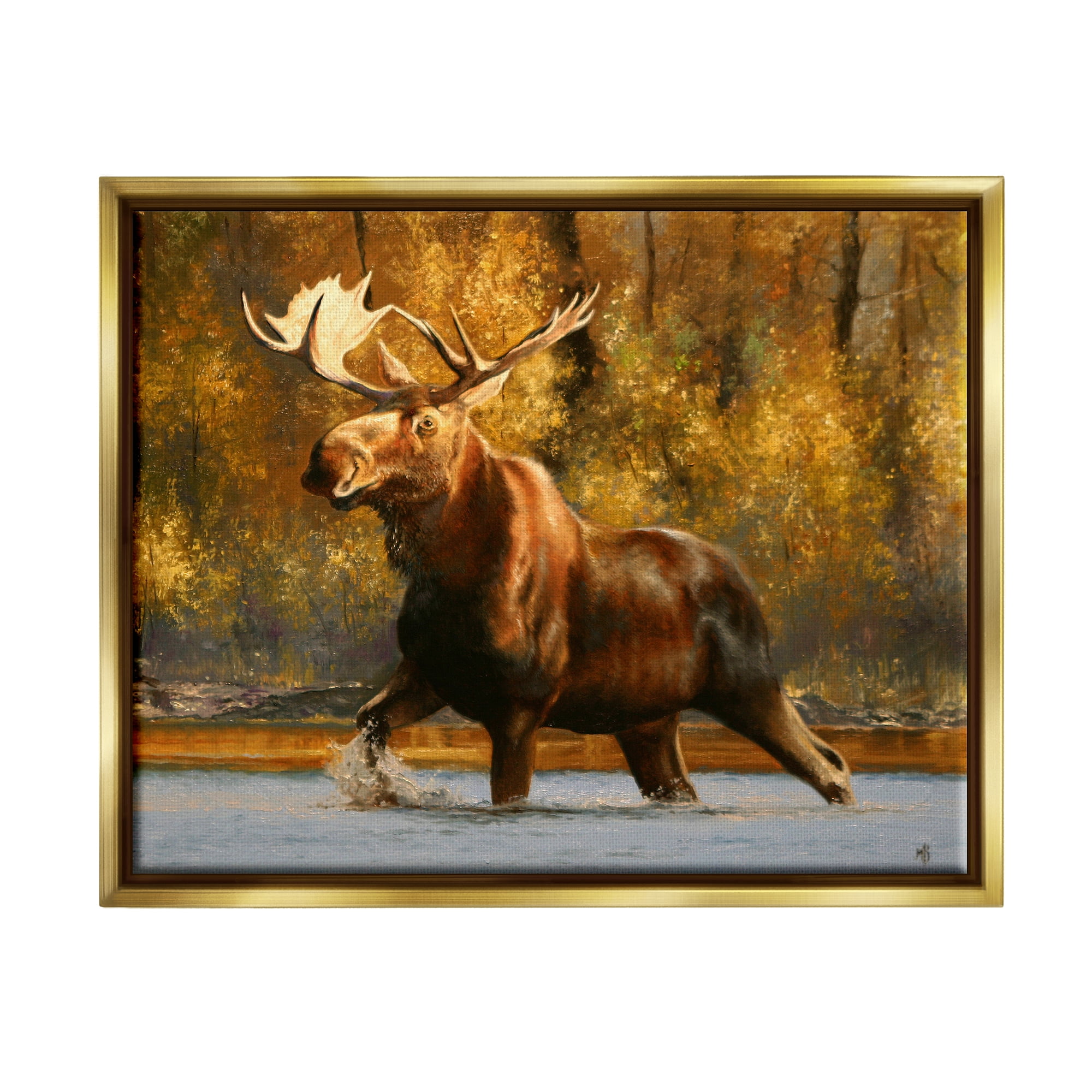 Stupell Industries Moose Stepping River Foliage Animals & Insects Photography Gold Floater Framed Art Print Wall Art, 31 x 25