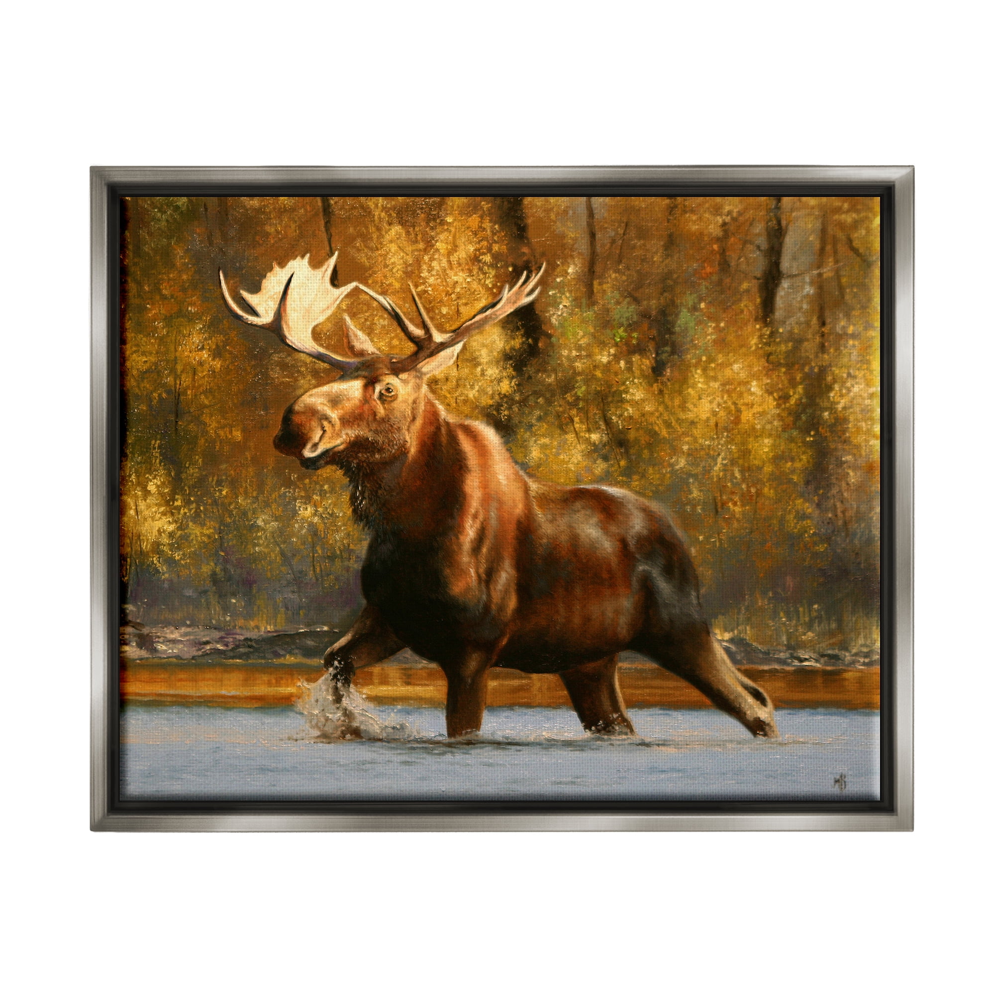 Stupell Industries Moose Stepping River Foliage Animals & Insects Photography Gray Floater Framed Art Print Wall Art, 21 x 17