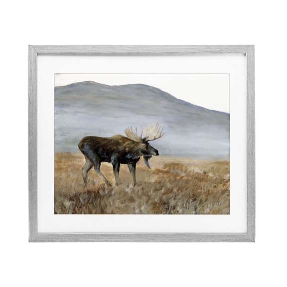 Stupell Industries Moose Wanderer Mountain Valley Gray Framed Print Under Glass design by Georgie Harrison, 17 x 21