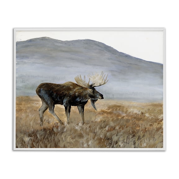 Stupell Industries Moose Wanderer Mountain Valley White Framed Giclee Art design by Georgie Harrison, 24 x 30