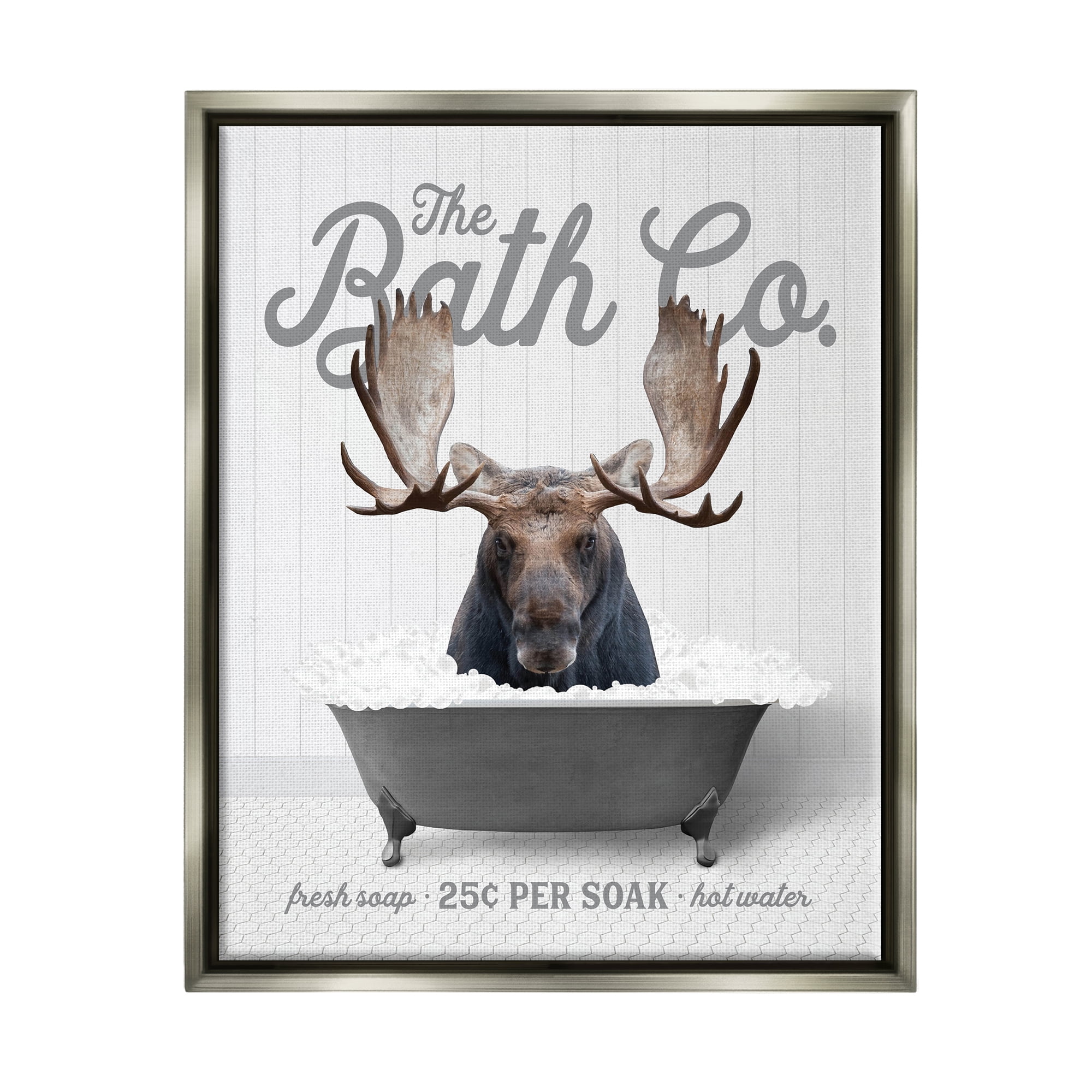 Stupell Industries Moose in Bubble Bath Animals & Insects Painting Gray Floater Framed Art Print Wall Art, 17 x 21