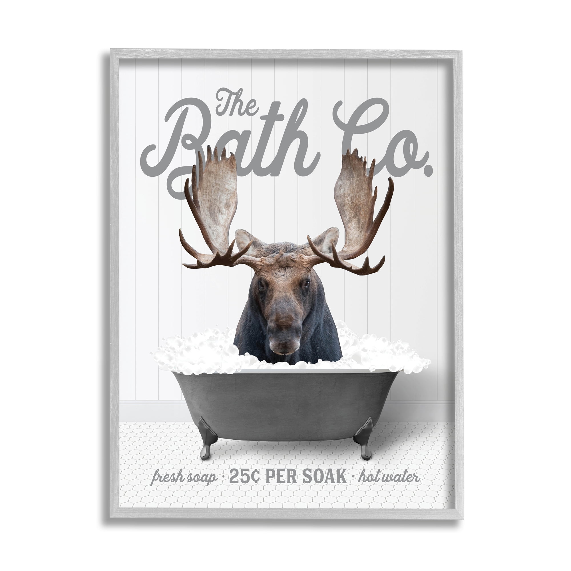 Stupell Industries Moose in Bubble Bath Animals & Insects Painting Gray Framed Art Print Wall Art, 24 x 30