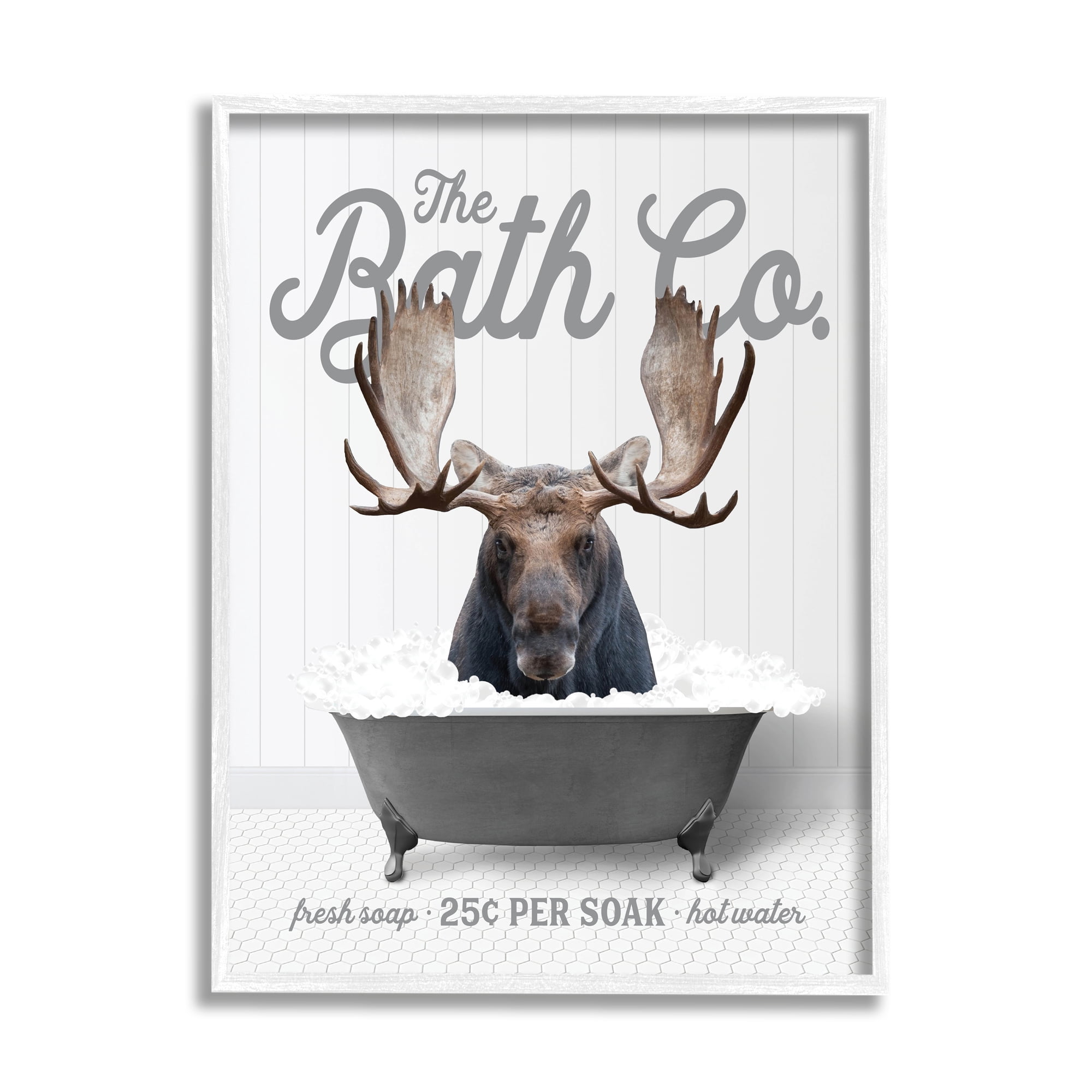 Stupell Industries Moose in Bubble Bath Animals & Insects Painting White Framed Art Print Wall Art, 11 x 14